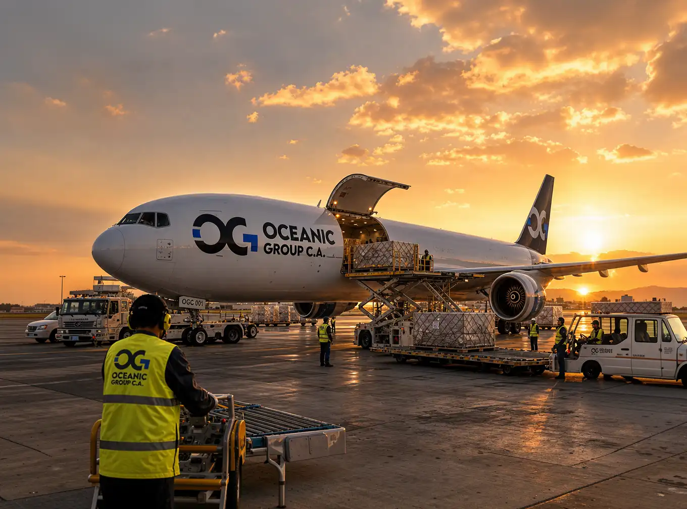 Avión de carga en pista aeroportuaria — logística de flete aéreo